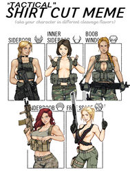  5girls absurdres adaptive_combat_rifle alice_gear ammunition_pouch assault_rifle benelli_m4 black_hair blonde_hair breasts bulletproof_vest chest_rig cleavage english_text fingerless_gloves fn_scar fn_scar_16 gloves gun highres large_breasts light_machine_gun load_bearing_equipment long_braid long_hair looking_at_viewer m249 machine_gun medium_breasts meme multiple_drawing_challenge multiple_girls original pinup_(style) ponytail pouch red_hair rifle shirt_cut_meme short_hair shotgun suspenders tchenart thumbs_up trigger_discipline weapon 