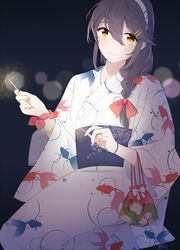  alternate_costume alternate_hairstyle animal_print blush bracelet braid female fireworks fish_print goldfish_print grey_eyes hair_between_eyes hair_ornament hair_over_shoulder hairband hairclip haruna_(kancolle) highres ieufg japanese_clothes jewelry kantai_collection kimono long_hair looking_at_viewer scrunchie senkou_hanabi signature single_braid smile solo sparkler white_hairband wide_sleeves wrist_scrunchie yellow_eyes yukata 