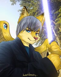  4:5 angel anthro artist_name black_body black_clothing black_fur black_jacket black_tipped_ears black_topwear blue_clothing blue_lightsaber blue_shirt blue_topwear canid canine closed_smile clothing digital_media_(artwork) ear_piercing ear_ring eyes_on_wings fox fur furgonomics furry-specific_piercing glowing gold_(metal) gold_ear_ring gold_jewelry golden_ear_ring hair half_smile harulemon holding_object holding_weapon hybrid jacket jedi jewelry light lightsaber looking_at_viewer male mammal melee_weapon mouth_closed multi_eye multicolored_body multicolored_ears multicolored_fur multiple_ear_ring narrowed_eyes okari outside photo_manipulation photography_(artwork) piercing pink_nose plant ring_piercing shadow shirt signature silver_hair sky smile solo star_wars third-party_edit topwear tree two_tone_body two_tone_ears two_tone_fur weapon wings yellow_body yellow_fur yellow_wings 