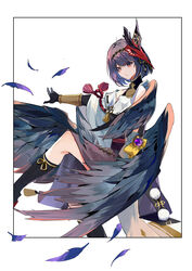  absurdres bird_mask black_gloves border colored_eyelashes commentary elbow_gloves feathered_wings feathers feet_out_of_frame female genshin_impact gloves gold_trim hand_up highres jueduizhi knee_up kneehighs kujou_sara mask mask_on_head medium_hair orange_eyes parted_bangs simple_background socks solo tassel tengu white_background white_border wings 