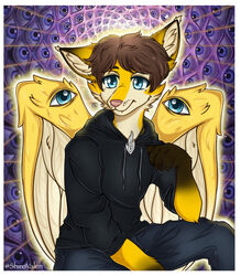  4_eyes alex_grey angel anthro arm_on_leg artist_name biped black_body black_bottomwear black_clothing black_ears black_fur black_hands black_hoodie black_outline black_pants black_tipped_ears black_topwear blue_eyes bottomwear brown_hair canid canine clothed clothing copyright_symbol digital_media_(artwork) ear_tuft eyes_on_wings feathered_wings feathers flaming_eye fox fox_spirit fully_clothed fur glowing glowing_body glowing_outline hair hi_res hoodie hybrid inner_ear_fluff interdimensional jewelry light light_beam male mammal multi_eye multicolored_body multicolored_ears multicolored_fur mystical necklace occult_symbol okari outer_highlight outline pants pink_nose portrait psychedelic shadow shirovalen sitting smile snaggle_tooth solo symbol third-party_edit three-quarter_portrait topwear tuft two_tone_arms two_tone_body two_tone_ears two_tone_fur two_tone_wings whiskers white_body white_feathers white_fur white_inner_ear_fluff white_wings wings yellow_body yellow_ears yellow_feathers yellow_fur yellow_outline yellow_wings 