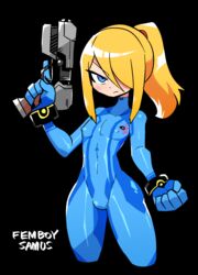  1boy black_background blonde_hair blue_eyes bodysuit casual crap-man english_text femboy firearm girly hair_over_one_eye handgun hi_res human light_blush long_hair looking_at_viewer male male_only metroid narrowed_eyes nintendo nipple_bulge ponytail rule_63 samus_aran solo solo_male text weapon wristwear zero_suit zero_suit_samus 