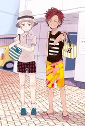  2boys aged_down bag commentary_request day ensemble_stars! hat herringbone itsuki_shu kiryu_kuro lolicon male_focus mitobinyo multiple_boys pavement pink_hair protected_link purple_eyes red_hair sandals short_bangs short_hair shorts smile summer swimsuit 