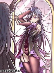  absurdres black_thighhighs blue_eyes blush bodystocking captain_(honkai_impact) chinese_commentary commentary_request company_connection cosplay dated eyepatch fei_luo_mao female fischl_(genshin_impact) fischl_(genshin_impact)_(cosplay) fishnets fu_hua garter_straps genshin_impact grey_hair hair_between_eyes highres honkai_(series) honkai_impact_3rd leotard long_hair mihoyo mirror reflection ringlets single_leg_pantyhose single_sleeve single_thighhigh smile solo thighhighs thighs 