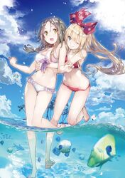  2girls atelier_(series) atelier_firis bikini blonde_hair blue_eyes bow bow_bikini braid breasts butterflyfish cloud commentary curled_fingers day feet_up firis_mistlud fish frilled_bikini frills grey_hair hair_ribbon highres hug hug_from_behind ilmeria_von_leinweber long_hair medium_breasts multiple_girls navel official_art one_eye_closed open_mouth outdoors parted_bangs partially_underwater_shot red_bikini red_ribbon ribbon standing standing_on_one_leg star_(symbol) star_print swimsuit torso_grab tropical_fish w_arms wading white_bikini yellow_eyes yuugen 