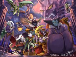  6+boys ahoge anniversary blue_skin coattails colored_skin column commentary_request copyright_name deathtamor demon_boy demon_wings dragon_lord dragon_quest dragon_quest_i dragon_quest_ii dragon_quest_iii dragon_quest_iv dragon_quest_ix dragon_quest_v dragon_quest_vi dragon_quest_vii dragon_quest_viii dragon_quest_x ergius evil_smile floating green_skin kale long_hair madesagora male_focus mildrath multiple_boys nelgel orgo_demira pelvic_curtain pillar pisaro purple_skin rhapthorne sidoh smile smirk staff stirrups_(riding) white_hair wings zoma 