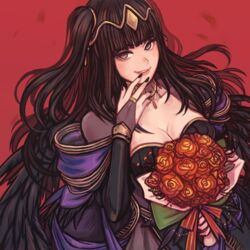  black_dress black_gloves black_hair bouquet breasts bridal_gauntlets bride bride_(fire_emblem) dress elbow_gloves english_commentary faithom female fire_emblem fire_emblem_awakening fire_emblem_heroes flower gloves grey_eyes holding holding_bouquet large_breasts long_hair looking_at_viewer orange_flower orange_rose rose solo tharja_(bridal)_(fire_emblem) tharja_(fire_emblem) tiara two_side_up upper_body wedding_dress 