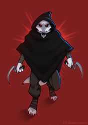  2023 3_fingers anthro biped black_cloak black_clothing black_hood black_sclera canid canine canis claws cloak clothing death_(puss_in_boots) diaminerre digital_drawing_(artwork) digital_media_(artwork) digitigrade dreamworks evil_grin evil_look fangs fingers full-length_portrait fur glowing glowing_eyes grey_body grey_fur grin holding_object holding_weapon looking_at_viewer male mammal melee_weapon multicolored_body multicolored_fur narrowed_eyes portrait puss_in_boots_(dreamworks) red_background red_eyes sharp_teeth sickle signature simple_background smile smiling_at_viewer solo teeth teeth_showing two_tone_body two_tone_fur weapon wolf 