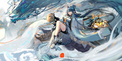  absurdres arknights artist_name blue_eyes blue_hair boots breasts chinese_commentary cleavage coat commentary_request dragon facing_viewer female full_body highres lantern large_breasts lemtun ling_(arknights) long_coat long_hair navel open_mouth pointy_ears ponytail shirt shorts solo teeth upper_teeth_only very_long_hair white_coat white_footwear white_shirt 