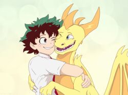  2020 blue_eyes brown_hair digital_media_(artwork) dragon duo fingers hair hi_res horn hug human icelectricspyro izuku_midoriya mammal membrane_(anatomy) membranous_wings my_hero_academia mythological_creature mythological_scalie mythology open_mouth scalie spines teeth wings 