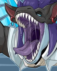  absurd_res black_body black_ears blue_body blue_eyes blue_sclera bodily_fluids dripping ear_piercing ear_ring hair hi_res imperatorcaesar male mouth_shot narrowed_eyes open_mouth piercing purple_hair purple_tongue red_ear_piercing red_ear_ring red_inner_ear red_piercing red_ring_piercing ring_piercing saliva saliva_drip saliva_string sharp_teeth solo teeth tongue tongue_out 