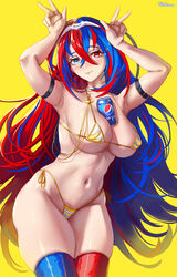  alear_(female)_(fire_emblem) alear_(fire_emblem) armpits arms_up artist_name asymmetrical_legwear between_breasts bikini blue_eyes blue_hair blue_thighhighs breasts can closed_mouth crossed_bangs double_v female fire_emblem fire_emblem_engage hair_between_eyes heterochromia highres large_breasts long_hair looking_at_viewer micro_bikini mismatched_legwear multicolored_hair pepsi red_eyes red_hair red_thighhighs side-tie_bikini_bottom simple_background smile solo swimsuit thick_thighs thighhighs thighs tiara two-tone_hair ultrabinou v very_long_hair yellow_background 