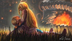  1boy blonde_hair champion&#039;s_tunic_(zelda) commentary cropped dress embers english_commentary female fire gown grass guardian_(zelda) highres holding kneeling la-sera link long_hair outdoors pointy_ears ponytail princess_zelda rain signature the_legend_of_zelda the_legend_of_zelda:_breath_of_the_wild unconscious 