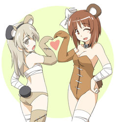  2girls ;d animal_collar animal_ears ass bandaged_arm bandaged_leg bandages bear_ears bear_tail bikini black_collar boko_(girls_und_panzer) bow breasts brown_bikini brown_eyes brown_legwear brown_leotard cleavage collar commentary fake_animal_ears fake_tail from_behind girls_und_panzer hairbow hand_on_own_hip heart heart_arms heart_arms_duo leotard light_brown_hair long_hair looking_back medium_breasts multiple_girls nishizumi_miho one_eye_closed one_side_up open_mouth sarashi shimada_arisu short_hair smile strapless strapless_leotard swimsuit symbol-only_commentary symmetrical_hand_pose tail tewarusa thighhighs white_bow 