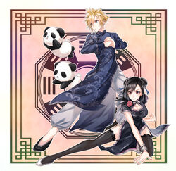  1boy absurdres animal animal_print black_hair black_thighhighs blonde_hair blue_eyes bracelet breasts china_dress chinese_clothes cleavage_cutout clothing_cutout cloud_strife double_bun dress female fighting_stance final_fantasy final_fantasy_vii final_fantasy_vii_remake fishnet_thighhighs fishnets full_body hair_bun highres jewelry large_breasts legs leopard_print long_hair long_sleeves mizuamememe official_alternate_costume official_alternate_hairstyle panda red_eyes thighhighs tifa_lockhart tifa_lockhart_(sporty_dress) 