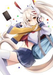  adjusting_headphones alternate_costume ayanami_(azur_lane) ayanami_(retrofit)_(azur_lane) azur_lane bad_id bad_pixiv_id bag blonde_hair blue_skirt cable cellphone commentary_request contemporary eyes_visible_through_hair female hair_ornament hairpin head_tilt headphones highres long_hair long_sleeves looking_at_viewer manjirou_(manji_illust) midriff navel orange_eyes parted_lips phone pleated_skirt ponytail scarf school_bag school_uniform serafuku sidelocks simple_background skirt smartphone solo thighhighs white_background white_thighhighs zettai_ryouiki 