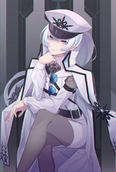  absurdres arm_on_knee belt black_belt blue_eyes closed_mouth coat crossed_legs elbow_on_arm elbow_rest expressionless eyewear_hang female grey_pantyhose hat head_rest highres jacket long_hair looking_ahead maguro_(guromaguro) military military_hat military_uniform multiple_belts official_alternate_costume pantyhose peaked_cap ponytail rwby rwby_ice_queendom sitting skirt snowflakes solo sunglasses throne uniform unworn_eyewear weiss_schnee white_coat white_hair white_jacket white_skirt 