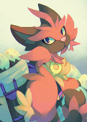  arcanine commentary creature egg english_commentary fusion gen_1_pokemon gen_7_pokemon highres looking_at_viewer no_humans pokemon pokemon_(creature) pokemon_egg purple_eyes salanchu simple_background solo torracat upper_body white_background 