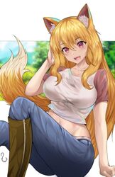  absurdres animal_ear_fluff animal_ears blonde_hair blue_pants blurry blurry_background boots breasts collarbone fangs feet_out_of_frame female fox_ears fox_girl fox_tail hair_ribbon hand_on_own_face hand_up highres knee_boots knee_up large_breasts long_hair navel open_mouth original pants red_eyes ribbon shirt shorts signature sitting solo t3x tail taut_clothes taut_shirt teeth tree upper_teeth_only white_background 