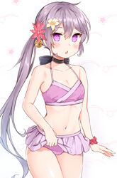  akebono_(kancolle) akebono_kai_ni_(swimsuit_mode)_(kancolle) bell bikini bikini_skirt cowboy_shot female flat_chest flower hair_bell hair_flower hair_ornament highres jingle_bell kantai_collection long_hair navel official_alternate_costume purple_bikini purple_eyes purple_hair side_ponytail solo standing swimsuit very_long_hair yuuzaki 