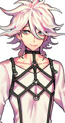  1boy alternate_costume chest_harness closed_mouth collarbone commentary_request danganronpa_(series) danganronpa_2:_goodbye_despair grey_background grey_hair hair_between_breasts hair_between_eyes harness highres komaeda_nagito korean_commentary looking_at_viewer male_focus medium_hair messy_hair o-ring shirt sideways_glance simple_background sin11111 smile solo upper_body white_background white_shirt 