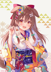  alternate_costume animal_ears blush bone_hair_ornament bow braid brown_hair brown_tail colorful commentary_request cowboy_shot dog_ears dog_girl dog_tail extra_ears fangs female floral_print flower fukahire_(ruinon) fur_scarf hair_between_eyes hair_flower hair_ornament hairbow hololive inugami_korone japanese_clothes kimono long_hair looking_at_viewer multicolored_clothes multicolored_kimono obi omikuji open_mouth red_bow red_eyes sash seigaiha shippou_(pattern) side_braids simple_background skin_fangs smile solo tail twin_braids twitter_username uroko_(pattern) virtual_youtuber white_background yellow_kimono 