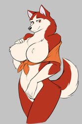  5_fingers anthro anthrofied balto_(series) big_breasts biped black_nose breasts canid canine canis chest_tuft clothing countershading curvy_figure domestic_dog female fingers fluffy fluffy_tail fur grey_background hi_res hip_tuft hourglass_figure huge_breasts husky jenna_(balto) looking_at_viewer mammal mostly_nude multicolored_body multicolored_fur naturally_censored navel nipple_tuft nordic_sled_dog orange_clothing orange_eyes orange_topwear portrait red_body red_fur simple_background smile solo spitz standing starfighter tail three-quarter_portrait topwear tuft two_tone_body two_tone_fur two_tone_tail universal_studios white_body white_countershading white_fur wide_hips 