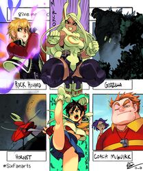  3boys 3girls alex_ahad blonde_hair boku_no_hero_academia character_name clenched_hands cloak coach_mcguirk commentary dark-skinned_female dark_skin english_commentary fatal_fury garou:_mark_of_the_wolves godzilla godzilla_(series) high_kick highres hollow_knight home_movies hornet_(hollow_knight) kaijuu kasugano_sakura kicking mirko multiple_boys multiple_drawing_challenge multiple_girls needle needle_(hollow_knight) paula_small red_eyes rock_howard shoes six_fanarts_challenge street_fighter street_fighter_zero_(series) superhero_costume thick_thighs thighhighs thighs unworn_shoes uppercut weapon 