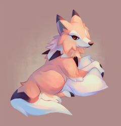  brown_background brown_eyes commentary commission creature english_commentary full_body gen_7_pokemon highres looking_at_viewer looking_back lycanroc lycanroc_(midday) lying no_humans on_stomach pillow pokemon pokemon_(creature) salanchu solo wolf 