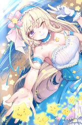  artist_name blonde_hair breasts chinese_commentary civia cleavage collarbone commentary_request female gloves headband hololive hololive_china horns looking_at_viewer medium_breasts one_eye_closed partial_commentary reaching reaching_towards_viewer single_horn solo star_(symbol) unicorn_girl virtual_youtuber white_gloves yuyeduo_ayumu 