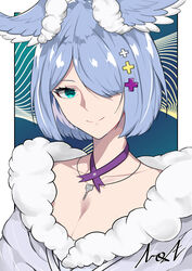  absurdres blue_eyes blue_hair bob_cut breasts cleavage collarbone cungi_van_houten elira_pendora elira_pendora_(2nd_costume) english_commentary female fur_trim grey_kimono hair_over_one_eye head_wings highres japanese_clothes jewelry key kimono looking_to_the_side necklace nijisanji nijisanji_en off_shoulder official_alternate_costume portrait short_hair smile solo virtual_youtuber wings 