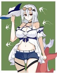  absurdres arknights bare_shoulders black_choker blue_shorts border breasts choker cleavage commentary cowboy_shot eyewear_on_head female green_background hat highres holding holding_clothes holding_hat holding_stuffed_toy katsuhiko_(bone_hiko) long_hair looking_at_viewer low-tied_long_hair medium_breasts navel off-shoulder_shirt off_shoulder official_alternate_costume orca_hair_ornament red_eyes shirt short_shorts shorts skadi_(arknights) skadi_(waverider)_(arknights) solo standing stomach stuffed_animal stuffed_orca stuffed_toy sun_hat sunglasses swimsuit thigh_strap thighs unworn_hat unworn_headwear very_long_hair white_background white_border white_hair white_hat white_shirt 