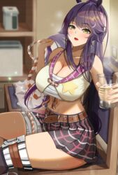  absurdres azuki_(azuki_azukki) bandaged_leg bandages bare_arms bare_shoulders belt black_skirt blurry blurry_background blush breasts brown_belt chest_sarashi cleavage commentary_request crop_top cup drinking_glass female highres holding holding_cup horse_girl indoors large_breasts long_hair looking_at_viewer midriff miniskirt narita_brian_(umamusume) open_mouth plaid plaid_skirt purple_hair sarashi sidelocks sitting skirt solo star_(symbol) star_print stomach thighs umamusume yellow_eyes 