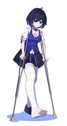  absurdres ahoge bandages black_footwear black_skirt blue_eyes blue_hair blue_vest bob_cut breasts cast cleavage commentary_request crutch crying crying_with_eyes_open female full_body highres honkai_(series) honkai_impact_3rd leg_cast neprbq open_mouth seele_vollerei seele_vollerei_(swallowtail_phantasm) shadow shirt short_hair short_sleeves simple_background single_thighhigh skirt solo standing standing_on_one_leg tattoo tears thighhighs toenails toes vest white_background white_shirt white_thighhighs 