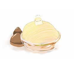  bird bowl cake chai_(drawingchisanne) chestnut chick dessert food food_focus mont_blanc_(food) no_humans original signature simple_background sweets_bird undersized_animal white_background 