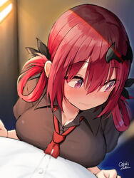  1boy black_shirt blush breast_press breasts cleavage closed_mouth collarbone collared_shirt commentary_request eyelashes female gabriel_dropout hair_between_eyes hair_ornament hair_ribbon hair_rings highres large_breasts long_hair looking_away necktie oekakizuki out_of_frame red_eyes red_hair ribbon satanichia_kurumizawa_mcdowell shirt signature solo_focus sweat white_shirt 