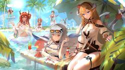  2boys 5girls absurdres angelina_(arknights) angelina_(summer_flower)_(arknights) animal_ears arknights bare_shoulders beach_chair beach_umbrella bear_ears beeswax_(arknights) beeswax_(holiday)_(arknights) bikini black_choker black_dress black_eyes black_hairband black_ribbon blonde_hair blue_eyes blue_nails blue_shorts blurry blurry_background box breasts brown_hair burnt_clothes carnelian_(arknights) carnelian_(shimmering_dew)_(arknights) casual_one-piece_swimsuit cherry choker cleavage closed_eyes closed_mouth clothing_cutout cloud cloudy_sky cocktail_glass collarbone criss-cross_halter cup dark_skin demon_girl demon_horns detached_sleeves dragon_girl dragon_horns dress drinking_glass eating eyewear_on_head fingernails fish flagpole flower food fox_ears fruit goat_girl goat_horns grey_hair hair_rings hairband halterneck hammock hand_in_own_hair hat highres holding holding_box holding_own_hair hoop horns ice_cream in_water inflatable_orca inflatable_toy jaye_(arknights) jaye_(beach_guard)_(arknights) jewelry leaf lemon lemon_slice lifebuoy lifeguard lifeguard_chair long_hair long_sleeves looking_at_viewer low-tied_long_hair lying medium_breasts multiple_boys multiple_bracelets multiple_girls navel navel_cutout necklace no_headwear off-shoulder_shirt off_shoulder official_alternate_costume on_stomach one-piece_swimsuit orange-tinted_eyewear orca_hair_ornament outdoors palm_leaf palm_tree phonograph pointy_ears purple_eyes red_dress red_eyes red_flower red_hair red_hairband red_one-piece_swimsuit red_shirt ribbon saileach_(arknights) saileach_(summer_flowers)_(arknights) shirt short_shorts short_sleeves shorts side-tie_bikini_bottom simple_background sitting skadi_(arknights) skadi_(waverider)_(arknights) sky stainless_(arknights) stainless_(beach_guard)_(arknights) standing star_(symbol) strawberry stuffed_orca sun_hat sunglasses sunlight surtr_(arknights) surtr_(colorful_wonderland)_(arknights) swim_ring swimsuit thigh_strap thighhighs thighs tinted_eyewear tree twintails ufoliving umbrella very_long_hair visor_cap water watermelon watermelon_slice white_dress white_hair white_headwear white_thighhighs 