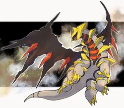  claws commentary_request full_body giratina giratina_(altered) highres nigiri_(ngr24) no_humans open_mouth orange_eyes outline pokemon pokemon_(creature) smoke solo tongue 