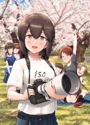  &gt;o&lt; 6+girls admiral_(kancolle) alternate_costume ayanami_(kancolle) ayanami_kai_ni_(kancolle) black_eyes black_hair blue_dress blurry blurry_background bottle brown_hair camera casual cherry_blossoms clothes_writing commentary dress drunk fubuki_(kancolle) fubuki_(spring_mode)_(kancolle) grass grey_skirt grin hair_between_eyes hanami highres holding holding_camera hug ichikawa_feesu isonami_(autumn_mode)_(kancolle) isonami_(kancolle) kantai_collection long_hair looking_at_viewer low_ponytail low_twintails multiple_girls official_alternate_costume open_mouth outdoors picnic pleated_skirt polka_dot polka_dot_dress school_uniform serafuku shikinami_(kancolle) shirayuki_(kancolle) shirt sidelocks skirt smile solo_focus symbol-only_commentary t-head_admiral t-shirt tree twintails uranami_(kancolle) zoom_lens 