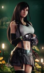  1girls 3d abs artist_name big_breasts blender breasts crying elbow_gloves fair-skinned_female fair_skin female female_focus female_only final_fantasy final_fantasy_vii final_fantasy_vii_remake light-skinned_female light_skin long_hair red_eyes ria-neearts skirt solo solo_female solo_focus square_enix standing stomach suspender_skirt tears tifa_lockhart tights watermark 