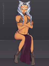  1girls ahsoka_tano alien alien_girl belly_dancer belly_dancer_outfit blue_eyes boots cleavage crossed_arms dancer dancer_outfit female female_only fully_clothed harem_girl harem_outfit large_breasts lekku loincloth looking_at_viewer navel orange_skin purple_eyes revealing_clothes sitting slave slave_ahsoka slave_bikini slave_collar slave_leia_(cosplay) slave_outfit slavegirl solo star_wars star_wars_rebels togruta wanderstillart 