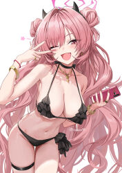  ;d bead_bracelet beads bikini black_bikini black_choker black_horns blue_archive bracelet breasts cellphone choker commentary_request cowboy_shot double_bun earrings female frilled_bikini frills guchico hair_bun halterneck highres holding holding_phone horns jewelry kirara_(blue_archive) large_breasts legs_together long_hair looking_at_viewer nail_polish navel necklace oerba_yun_fang one_eye_closed open_mouth phone pink_eyes pink_hair ring simple_background smartphone smile solo standing stomach swimsuit thigh_gap thigh_strap tongue twitter_username very_long_fingernails very_long_hair w white_background 