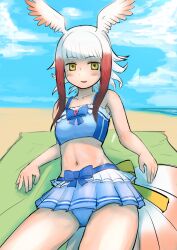  back_bow bare_arms bare_shoulders bikini bikini_skirt bird_girl bird_tail bird_wings blue_bikini blue_bow blue_bowtie blue_skirt blunt_bangs blush bow bowtie collarbone cowboy_shot female frilled_bikini frills head_wings highres japanese_crested_ibis_(kemono_friends) kemono_friends kemono_friends_3 looking_at_viewer midriff multicolored_hair navel obsession36 pleated_skirt red_hair short_hair_with_long_locks skirt solo spaghetti_strap swimsuit tail white_hair wings yellow_eyes 