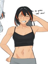  bare_arms black_camisole black_hair camisole closed_eyes commentary eimikosmoothie english_commentary female grin hand_on_own_hip highres long_hair midriff multicolored_hair multiple_views red_hair romaji_text simple_background smile streaked_hair toned_female white_background zenless_zone_zero zhu_yuan zoomer_slang 