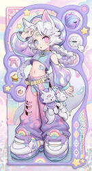  1boy absurdres androgynous animal_ears belt braid commentary crop_top cyber_fashion fox_boy fox_ears full_body grey_hair heterochromia highres long_hair male_focus mino_(kirarayakubou) multiple_belts nail_polish original otoko_no_ko pants rainbow shoes shorts single_braid standing star_(symbol) stuffed_fox symbol-only_commentary third_eye very_long_hair y2k_(fashion) 