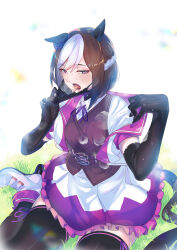  absurdres animal_ears black_mask bow braid brown_hair doushi_tatsu_to_dekkai_no ear_bow elbow_gloves female gloves highres horse_ears horse_girl horse_tail latex latex_gloves long_hair mask mask_pull mouth_mask mouth_piercing multicolored_hair piercing purple_eyes school_uniform short_hair short_sleeves skirt solo special_week_(umamusume) sweat tail tongue tongue_out tongue_piercing tracen_school_uniform two-tone_hair umamusume white_hair 