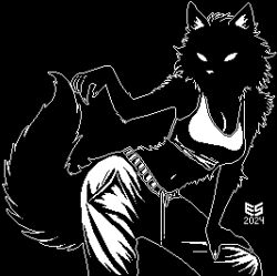  2024 5_fingers anthro arm_tuft bare_shoulders black_and_white black_background black_body black_fur black_shading bottomwear bra breasts canid canine canis claws cleavage clothed clothing digital_media_(artwork) elbow_tuft ezeeshady female finger_claws fingers fluffy fluffy_tail fur hand_on_knee hand_on_leg head_tuft inner_ear_fluff leaning leaning_forward mammal midriff midriff_tuft monochrome monotone_background navel outline pants pixel_(artwork) pose raised_arm shoulder_tuft signature simple_background solo sports_bra sweatpants tail tuft underwear white_bottomwear white_clothing white_eyes white_inner_ear_fluff white_nose white_outline wolf 