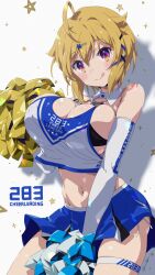  :q ahoge black_bra blonde_hair blue_skirt blush bra breasts cheerleader cleavage commentary_request crop_top elbow_gloves female flower gloves hair_flower hair_ornament highres holding holding_pom_poms ibuki_tsubasa idolmaster idolmaster_million_live! large_breasts looking_at_viewer miniskirt oomura_karasu pom_pom_(cheerleading) short_hair side-tie_peek skindentation skirt smile solo star_(symbol) thigh_strap tongue tongue_out underwear white_gloves 