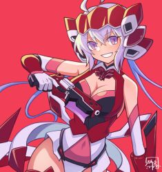  ahoge breasts cleavage covered_navel elbow_gloves eyelashes female gloves grin gun hair_between_eyes hibun_tsukasa highres holding holding_gun holding_weapon purple_eyes purple_hair red_background senki_zesshou_symphogear simple_background smile solo thighhighs weapon yukine_chris 