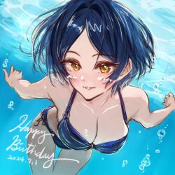  bikini blue_hair blush breasts cleavage collarbone eyelashes female forehead hayami_kanade highres idolmaster idolmaster_cinderella_girls large_breasts legs lips ocean short_hair swimsuit underwater yellow_eyes 